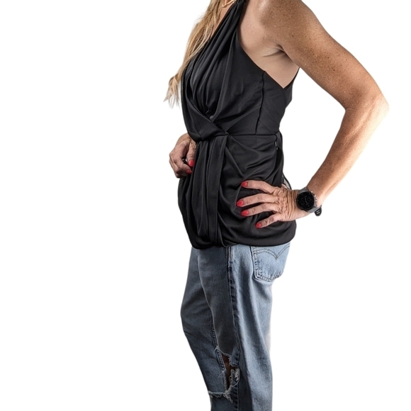 Asos Sexy Black Sleeveless Drapey Mesh Ruffle Elastic Waist Peplum Top Size 4 - Picture 3 of 6